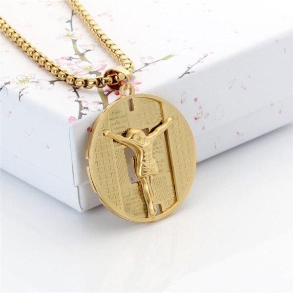 Gold Stainless Jesus Crucifix on Round Medallion with Chain CRU-018 - Image 2