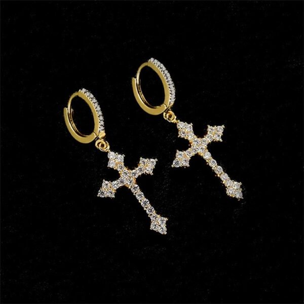 Iced out Dropping Gold Cross Earring - Image 2
