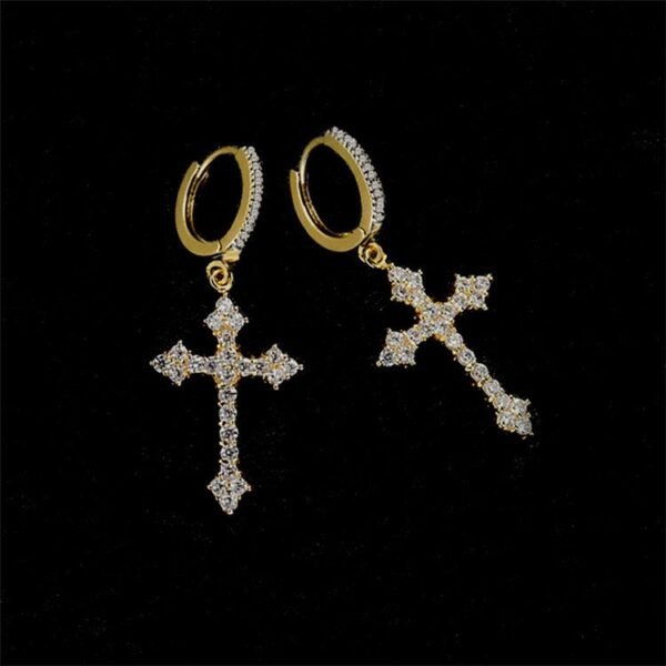Iced out Dropping Gold Cross Earring - Image 3