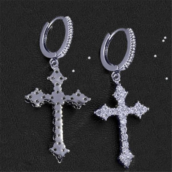 Iced out Dropping Cross Earring - Image 2