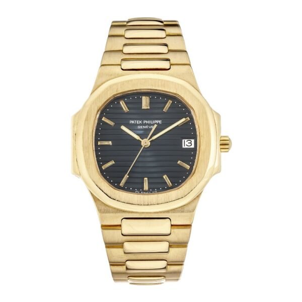 Pat ek Nautilus Black Dial Date Yellow Gold Watch